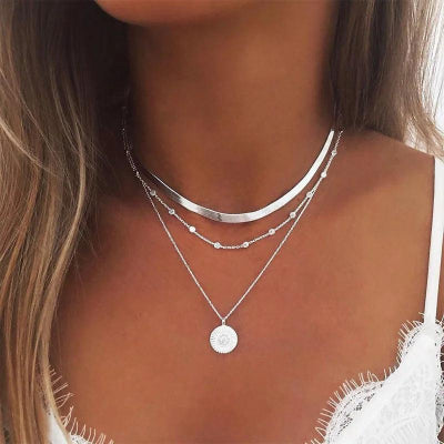 Triple Layer Silver Charm Necklace - Romi Jewel